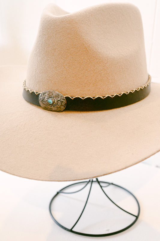 Stitched Leather Hat Band with Navajo Sterling Silver & Turquoise Concho