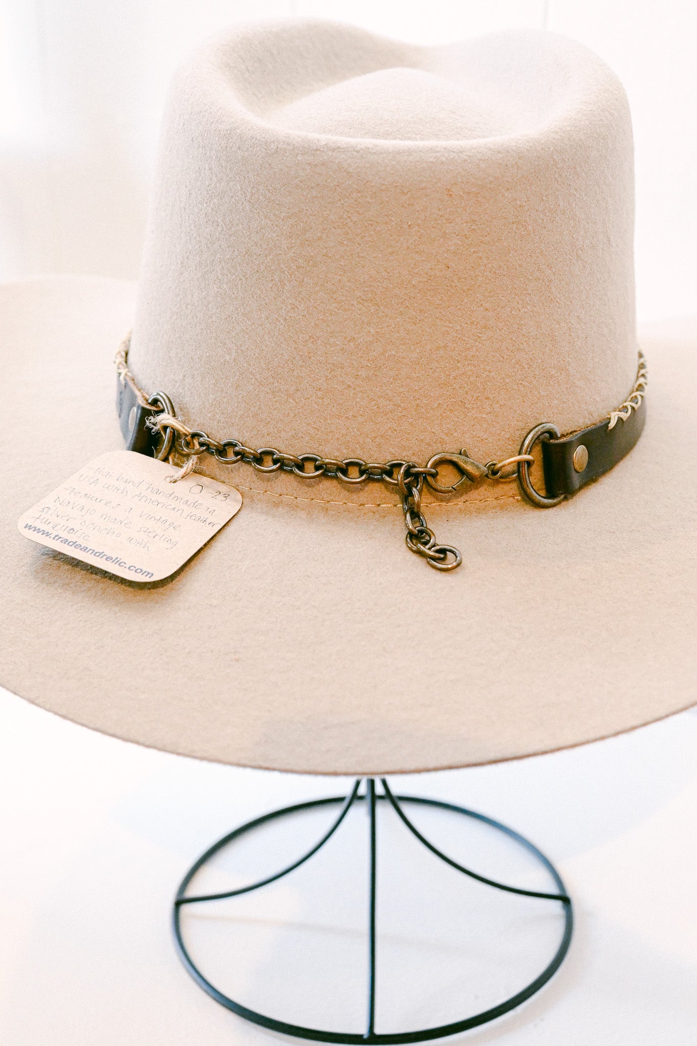 Stitched Leather Hat Band with Navajo Sterling Silver & Turquoise Concho