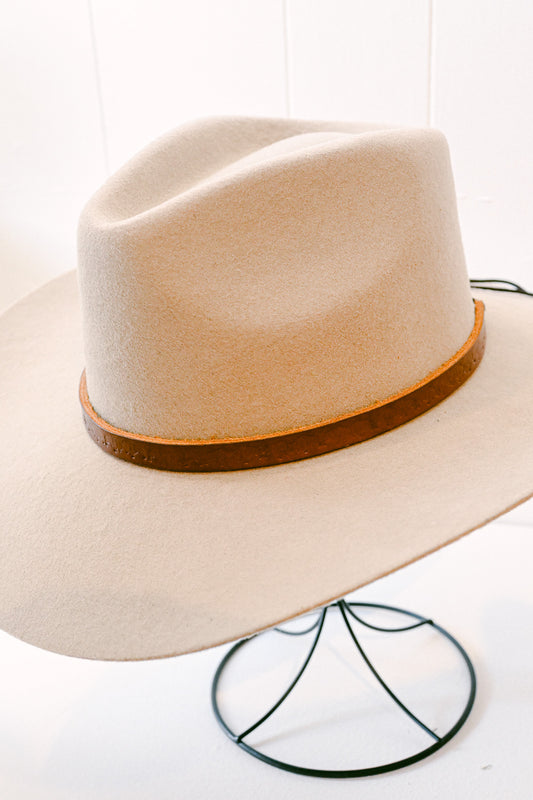 Buffalo Stamped Leather Hat Band with Sterling Silver & Turquoise Concho Slide