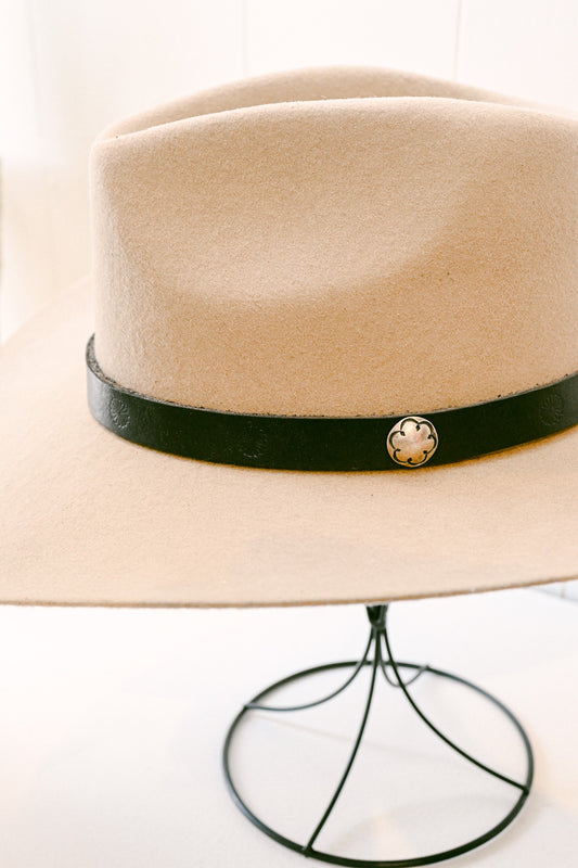 Flower Stamped Leather Hat Band with Sterling Silver Button