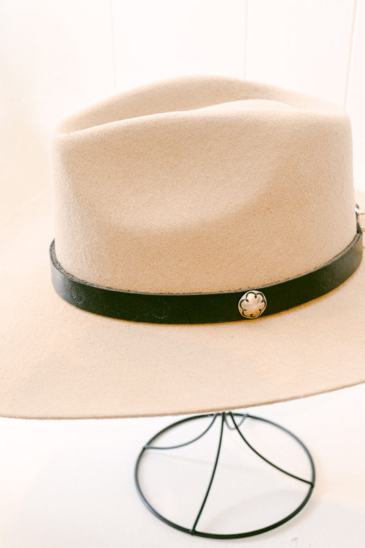 Flower Stamped Leather Hat Band with Sterling Silver Button