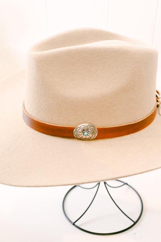 Leather Hat Band with Navajo Sterling Silver & Turquoise Concho