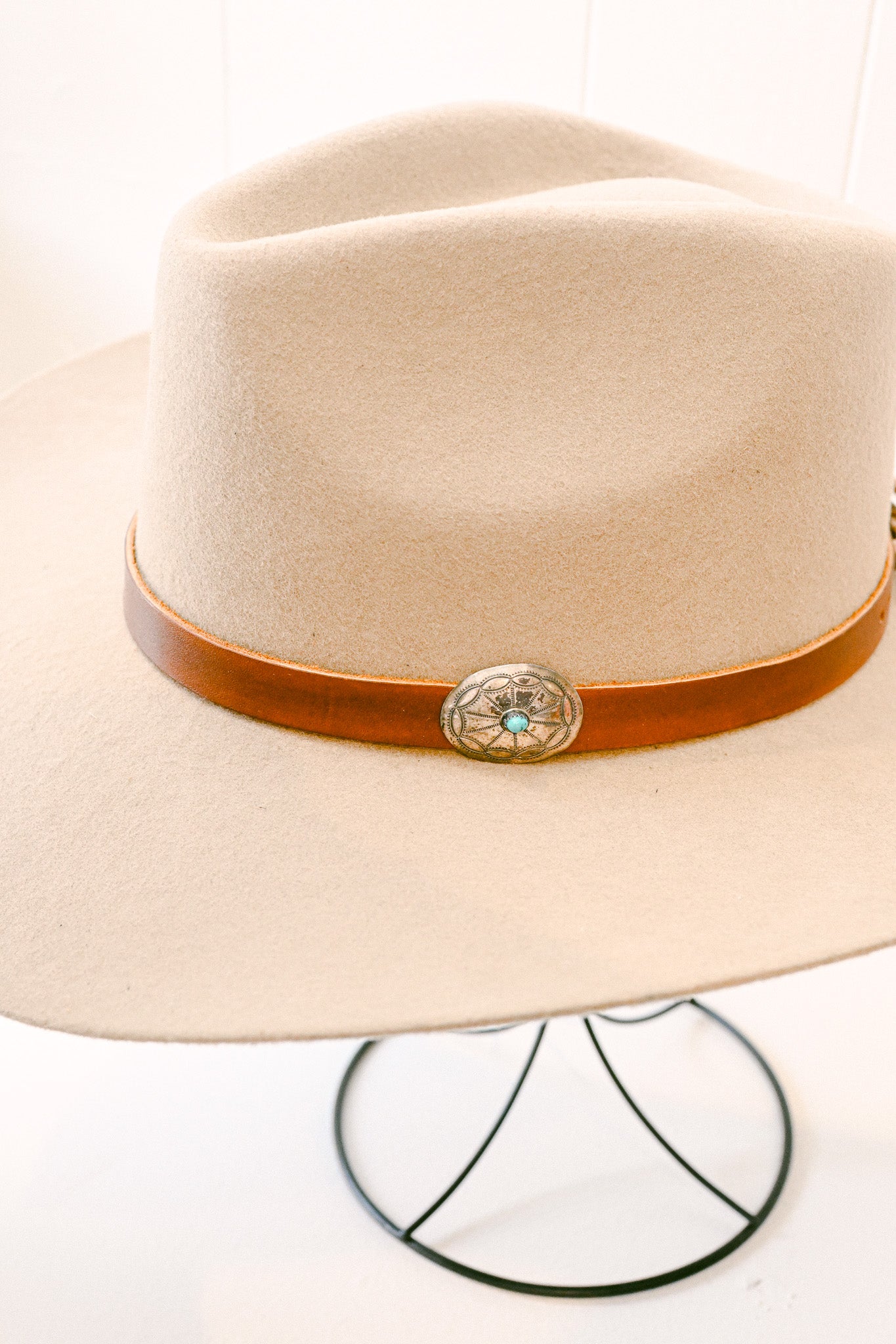 Leather Hat Band with Navajo Sterling Silver & Turquoise Concho