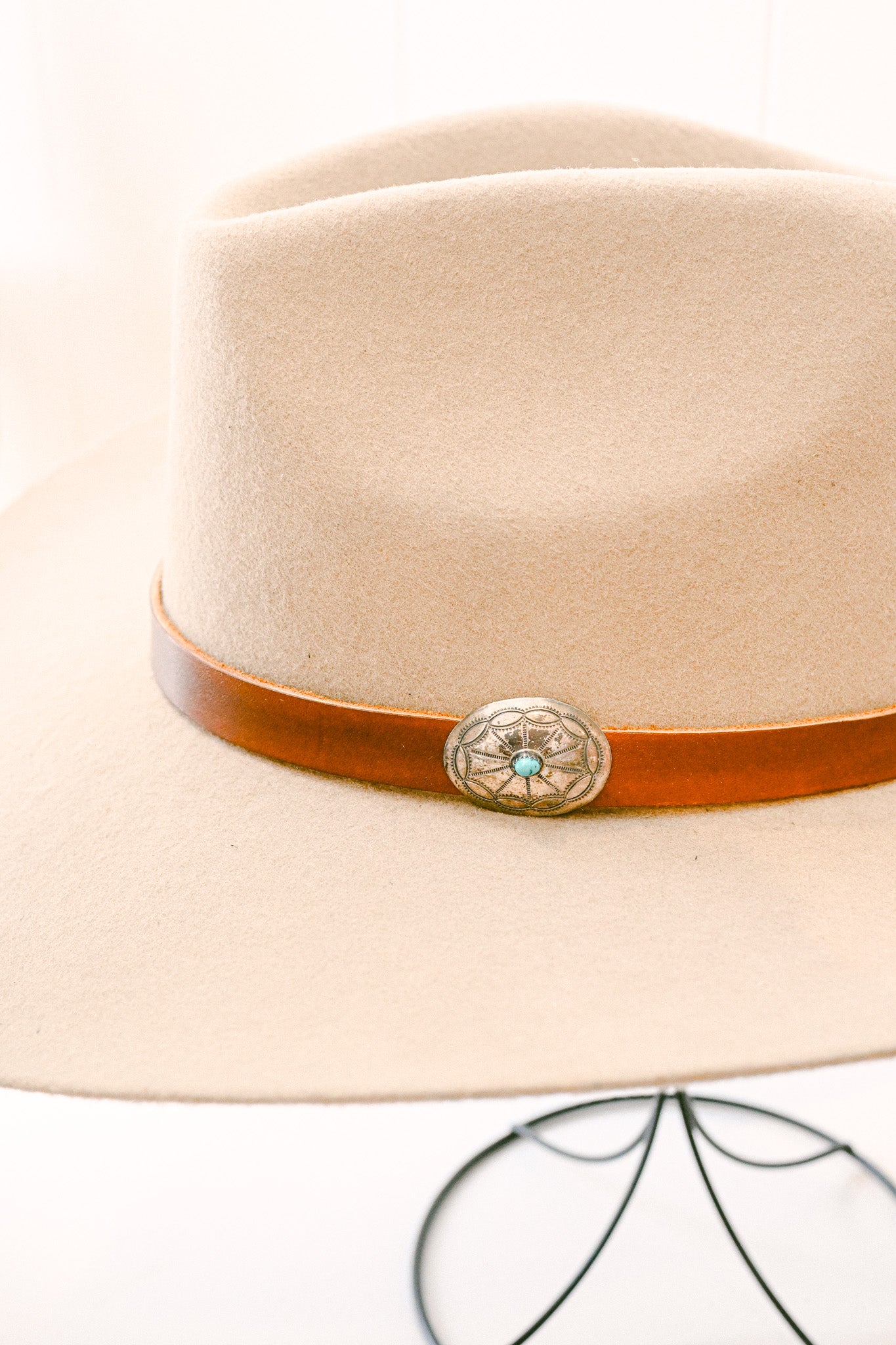 Leather Hat Band with Navajo Sterling Silver & Turquoise Concho