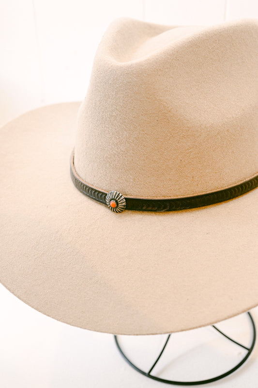 Stamped Leather Hat Band with Sterling Silver & Coral Concho