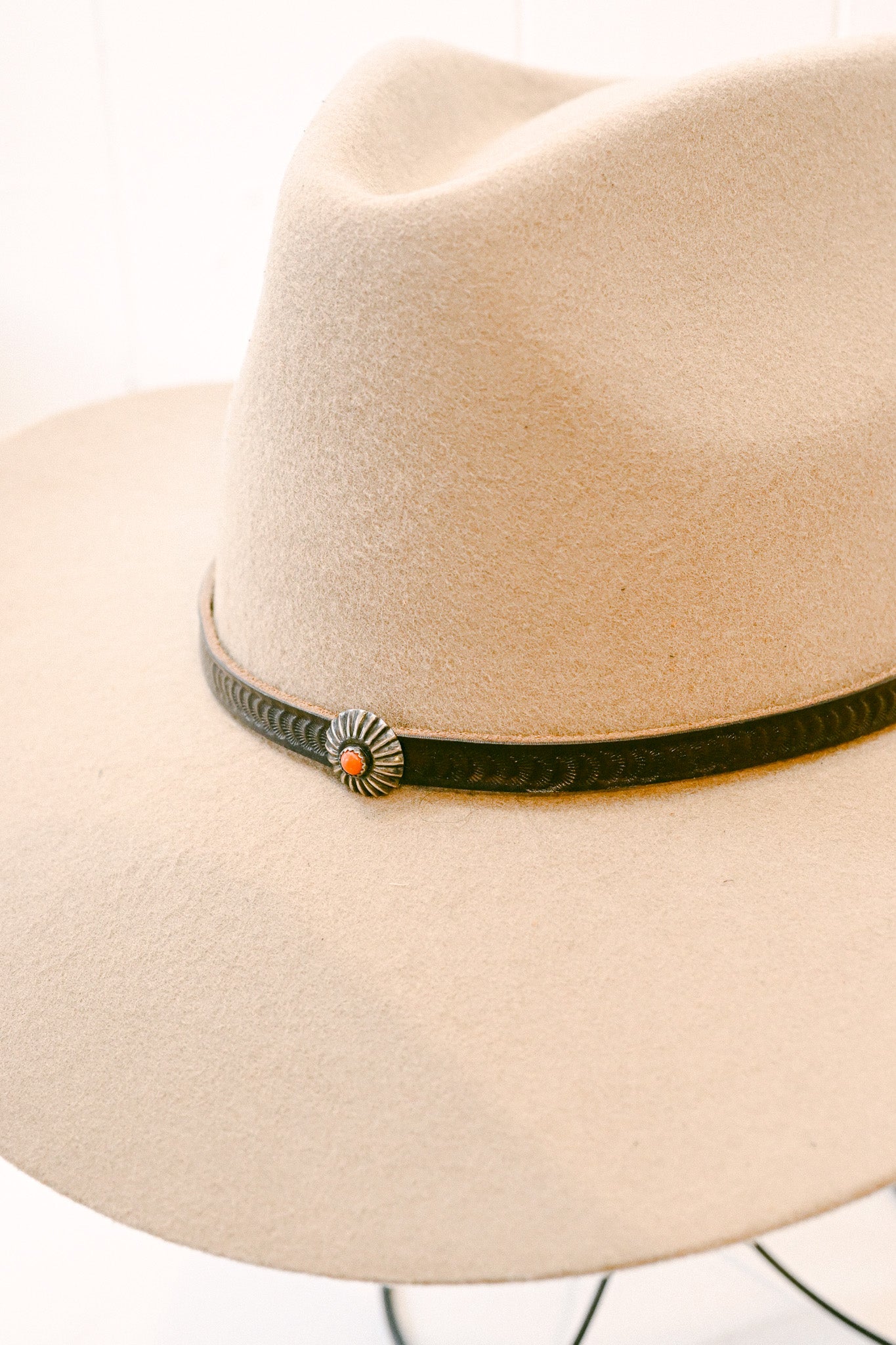 Stamped Leather Hat Band with Sterling Silver & Coral Concho