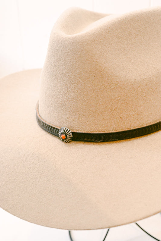 Stamped Leather Hat Band with Sterling Silver & Coral Concho