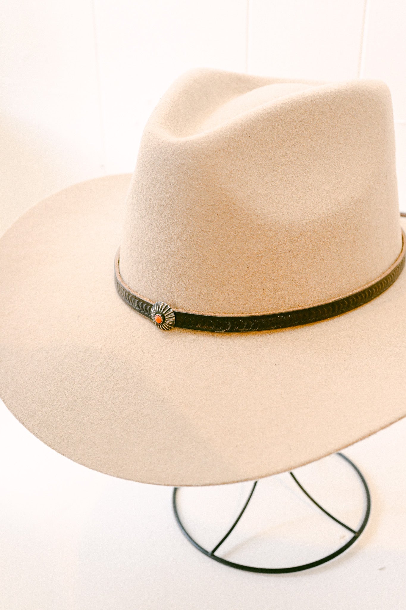 Stamped Leather Hat Band with Sterling Silver & Coral Concho