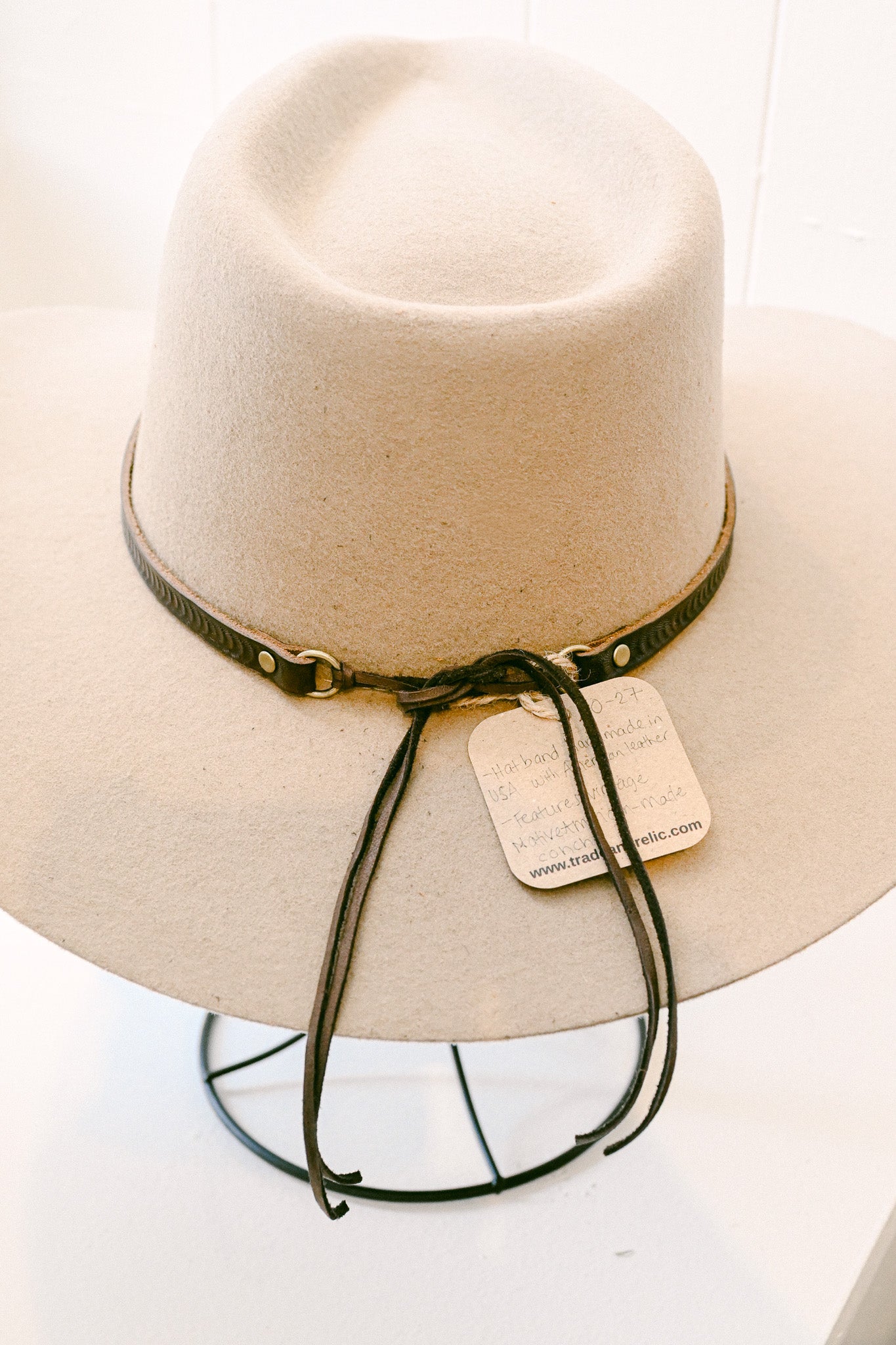 Stamped Leather Hat Band with Sterling Silver & Coral Concho