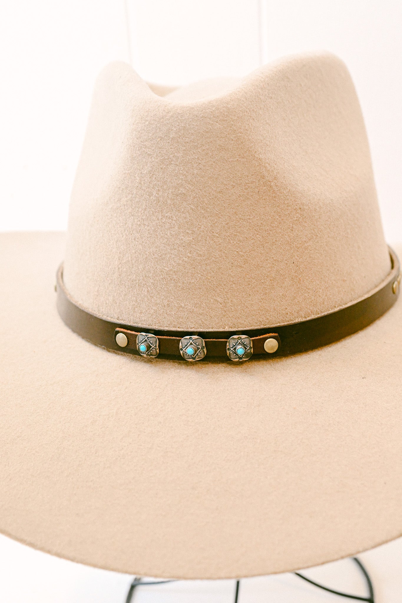 Leather Hat Band with Vintage Silver & Turquoise Conchos
