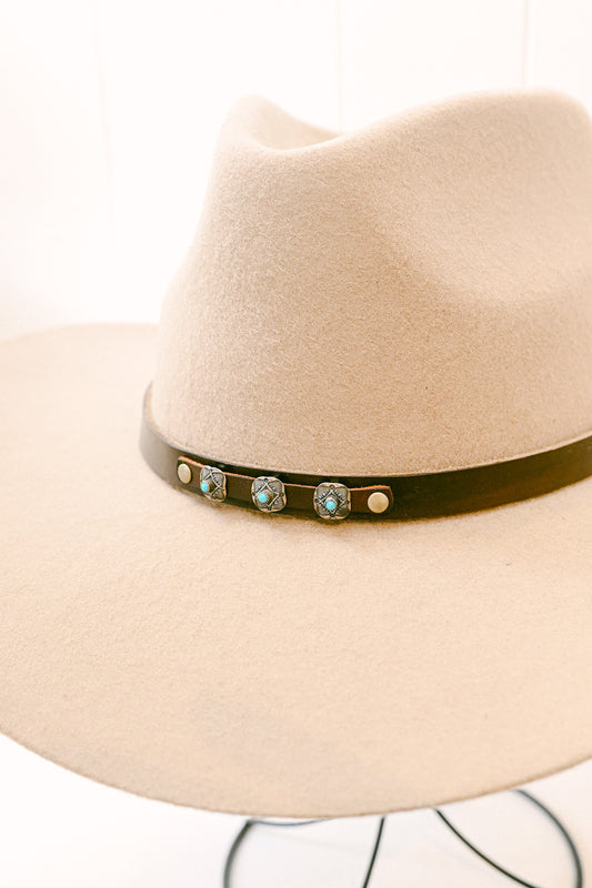Leather Hat Band with Vintage Silver & Turquoise Conchos