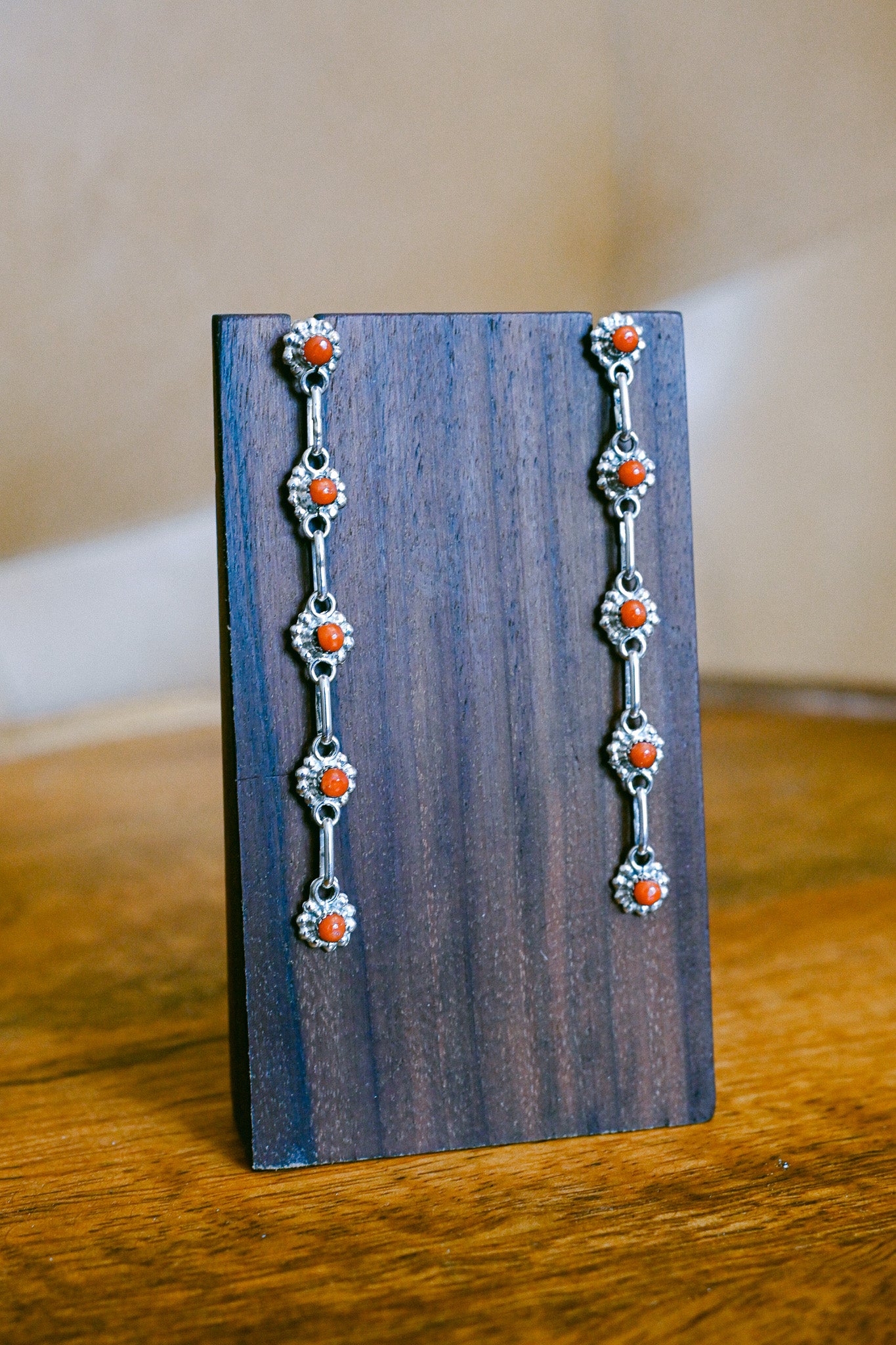 Rena Laate Zuni Sterling Silver Red Coral Dangle Earrings