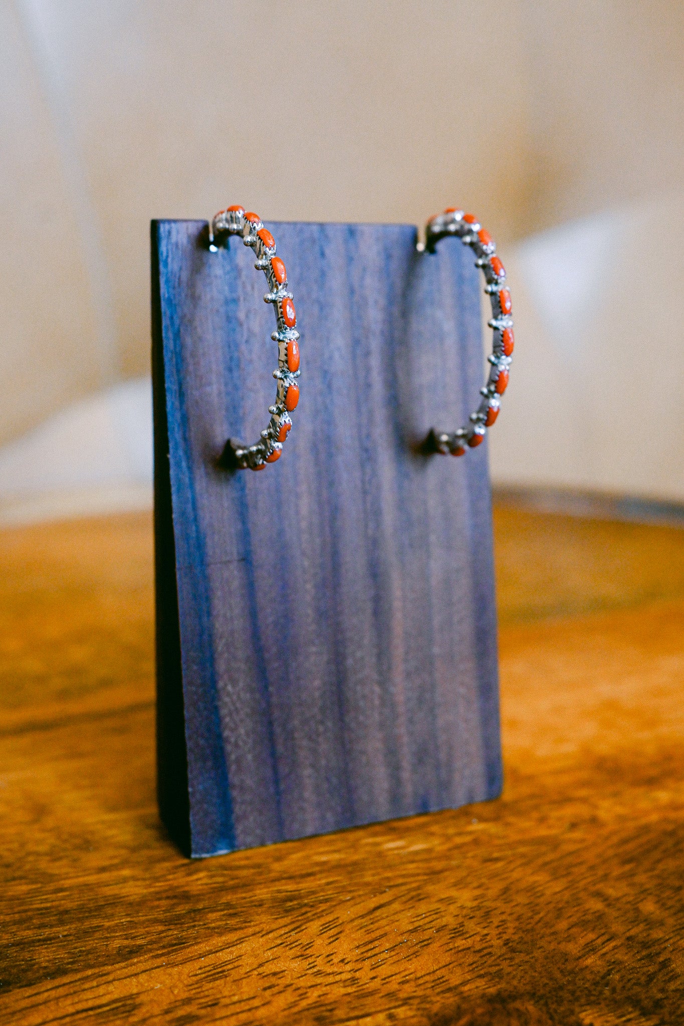 Bernard Cachini Jr. Zuni Needlepoint Red Coral Sterling Silver Hoop Earrings