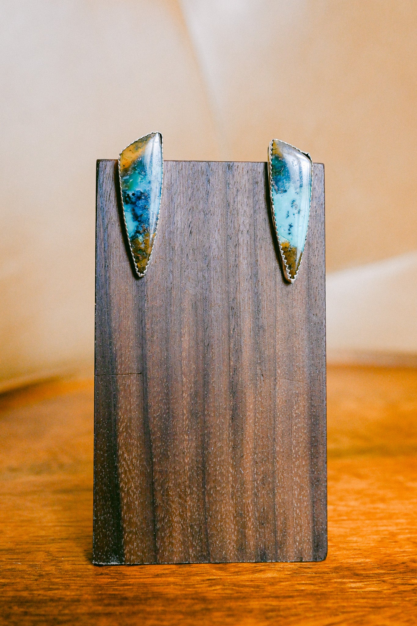 Michael Bitsie Navajo Sterling Silver Chrysocolla Shield Shaped Earrings