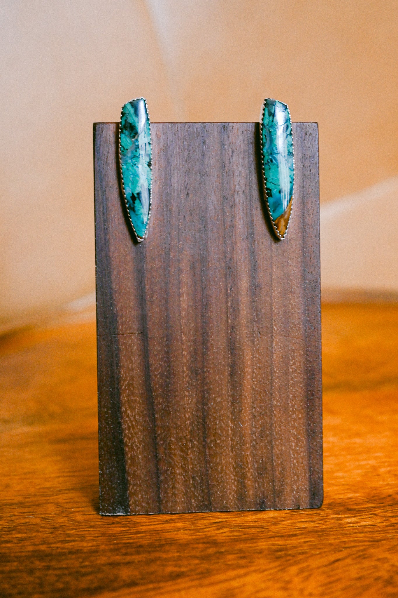 Michael Bitsie Navajo Sterling Silver Chrysocolla Shield Shaped Earrings