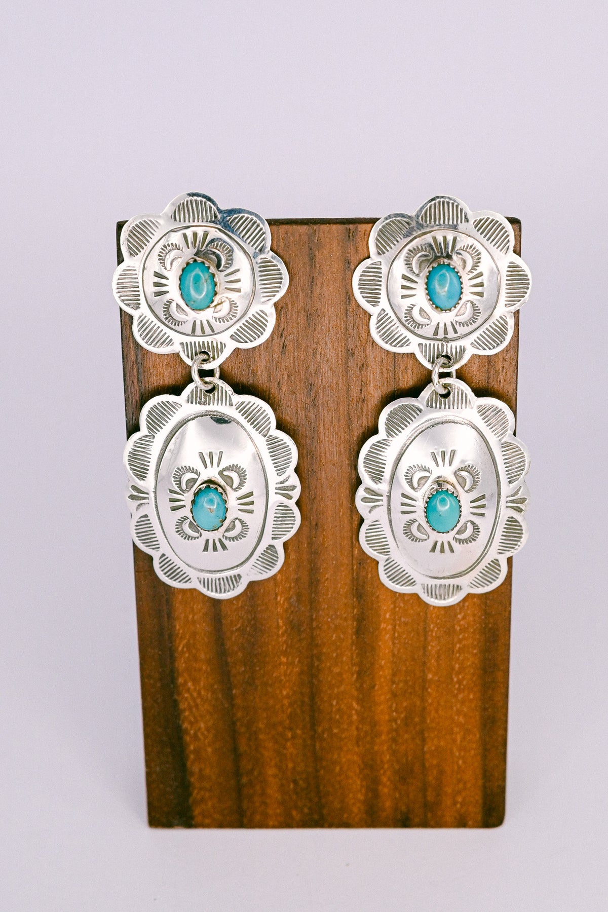 Bertha Begay Navajo Turquoise Stamped Sterling Silver Drop Earrings