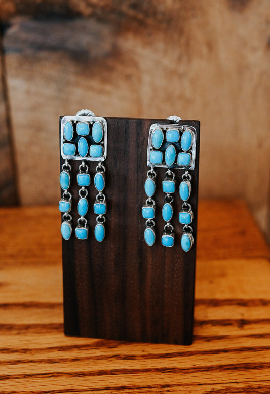 Navajo Handmade Turquoise Sterling Silver Rain Chandelier Earrings