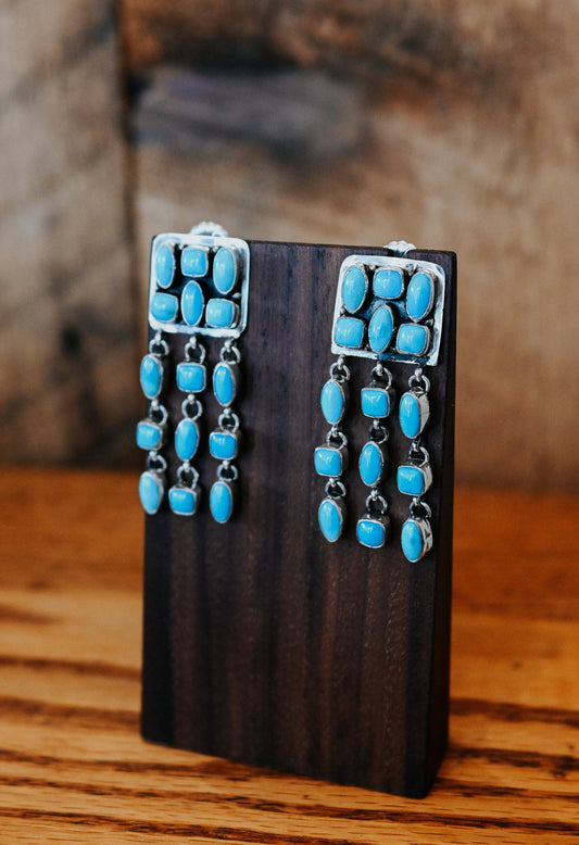 Navajo Handmade Turquoise Sterling Silver Rain Chandelier Earrings