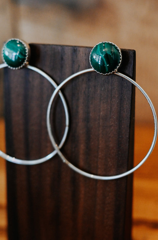 Navajo Handmade Malachite Sterling Silver Circle Earrings