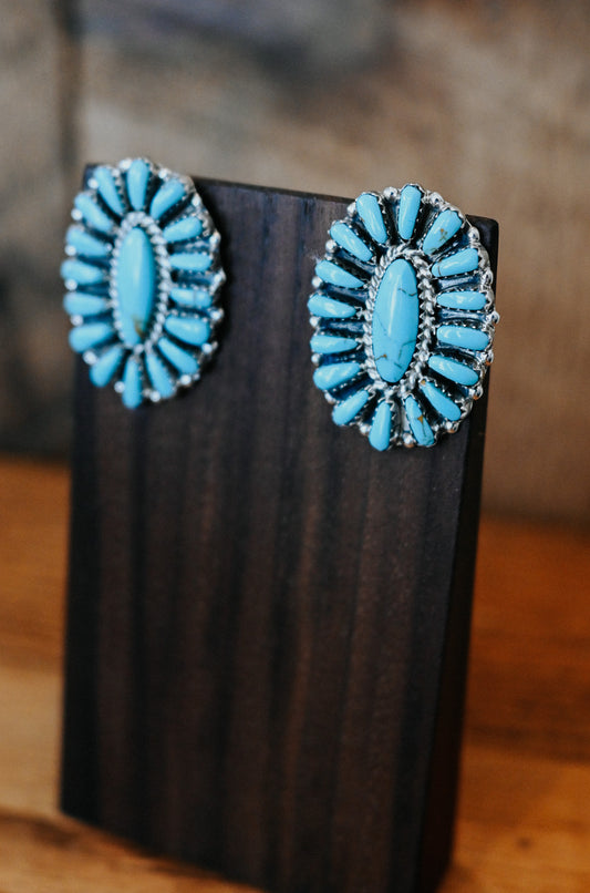 Juliana Benally Navajo Handmade Sterling Silver Turquoise Earrings - Large Oval Studs