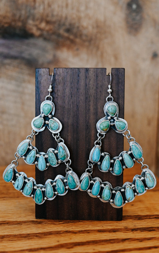 Navajo Handmade Turquoise Sterling Silver Chandelier Statement Earrings