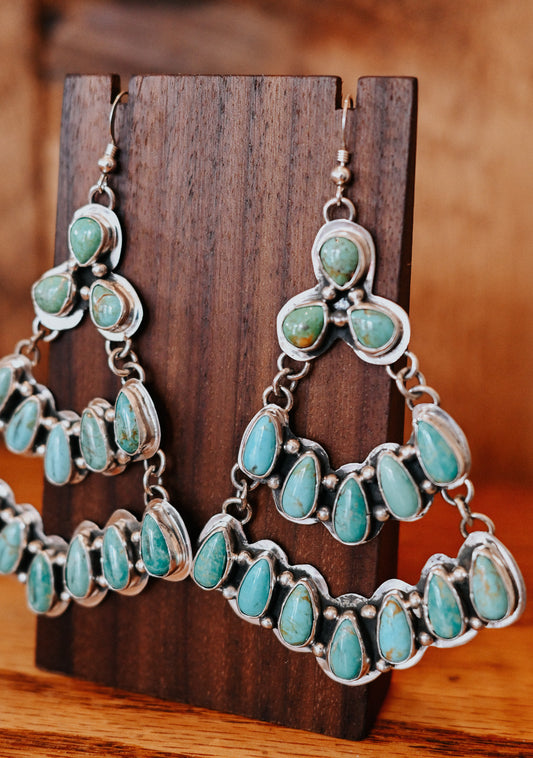 Navajo Handmade Turquoise Sterling Silver Chandelier Statement Earrings
