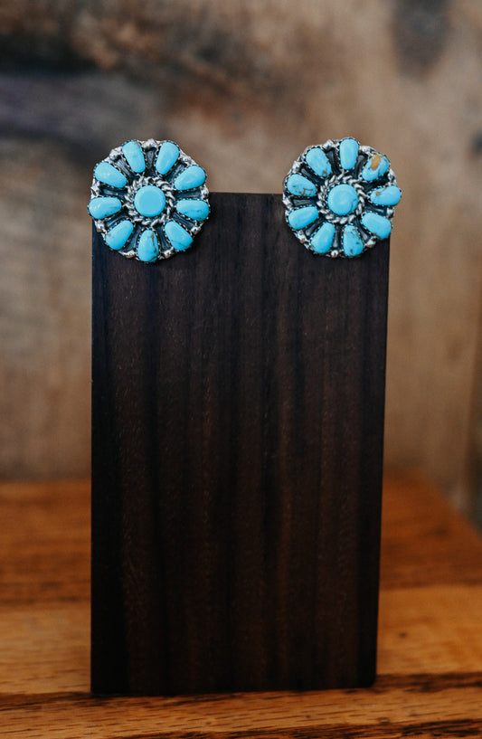 Juliana Benally Navajo Handmade Sterling Silver Turquoise Circle Studs Earrings