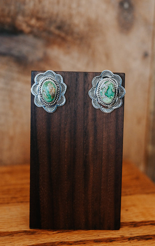 Navajo Handmade Turquoise Sterling Silver Scalloped Medium Studs