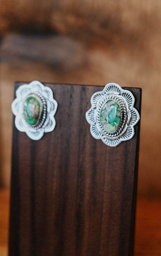 Navajo Handmade Turquoise Sterling Silver Scalloped Medium Studs