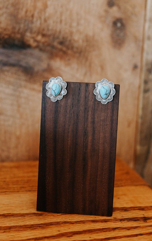 Navajo Handmade Turquoise Sterling Silver Small Scalloped Studs