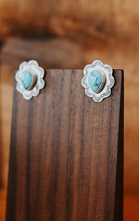 Navajo Handmade Turquoise Sterling Silver Small Scalloped Studs