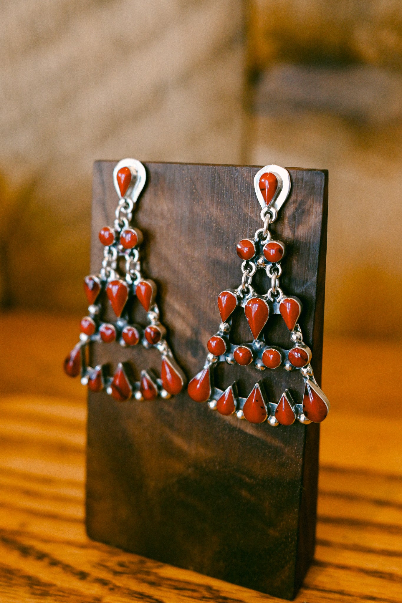 Coral Three Row Chandelier Sterling Silver Earring