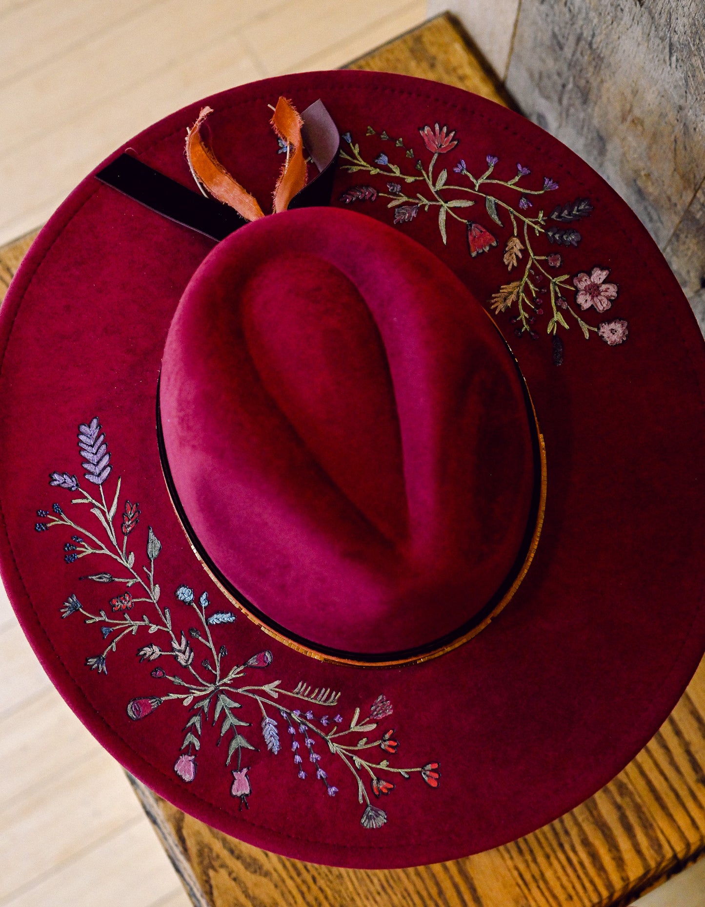 Custom Order Hand-Burned and Painted Wildflower Hat