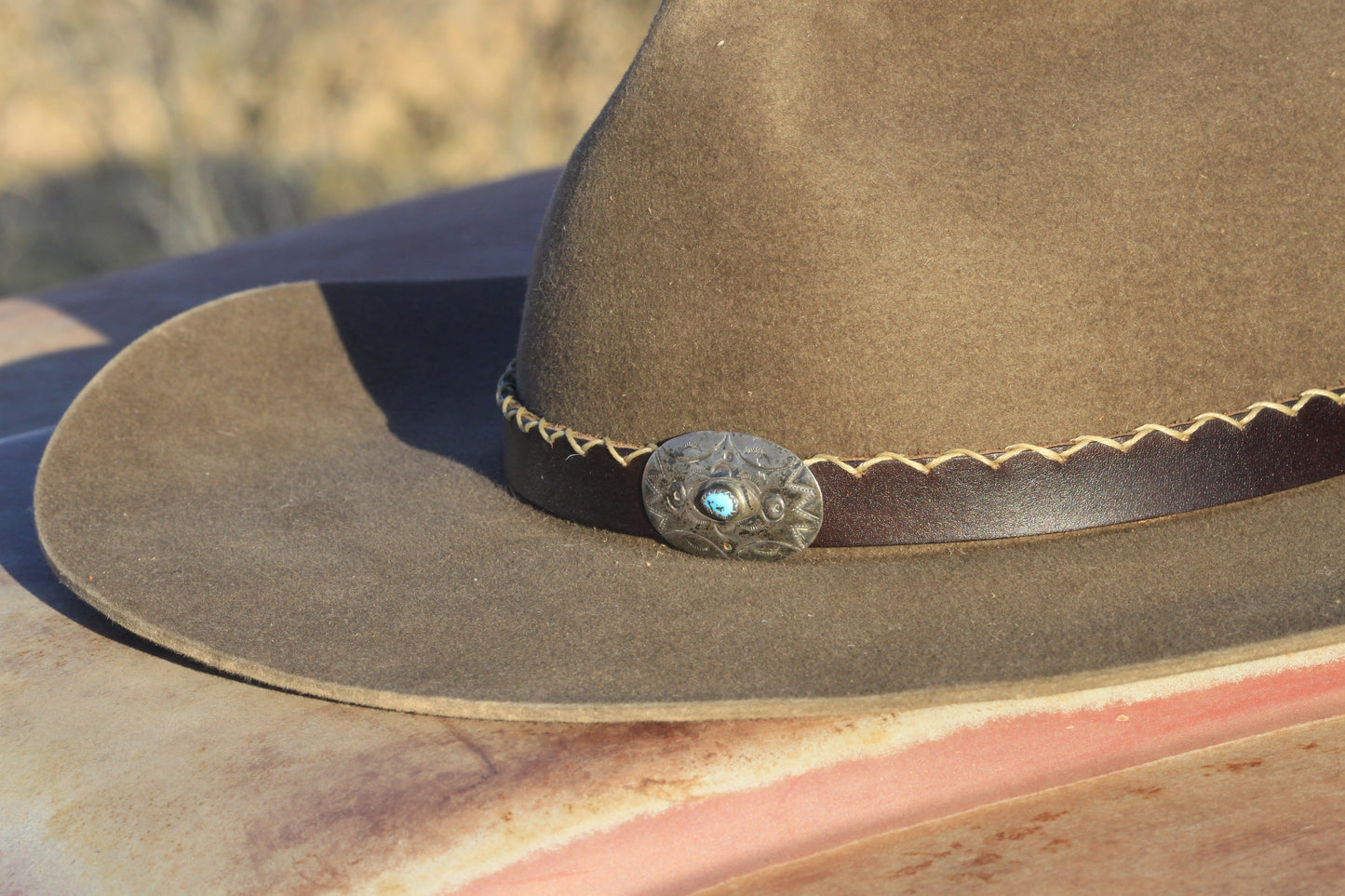 Stitched Leather Hat Band with Navajo Sterling Silver & Turquoise Concho