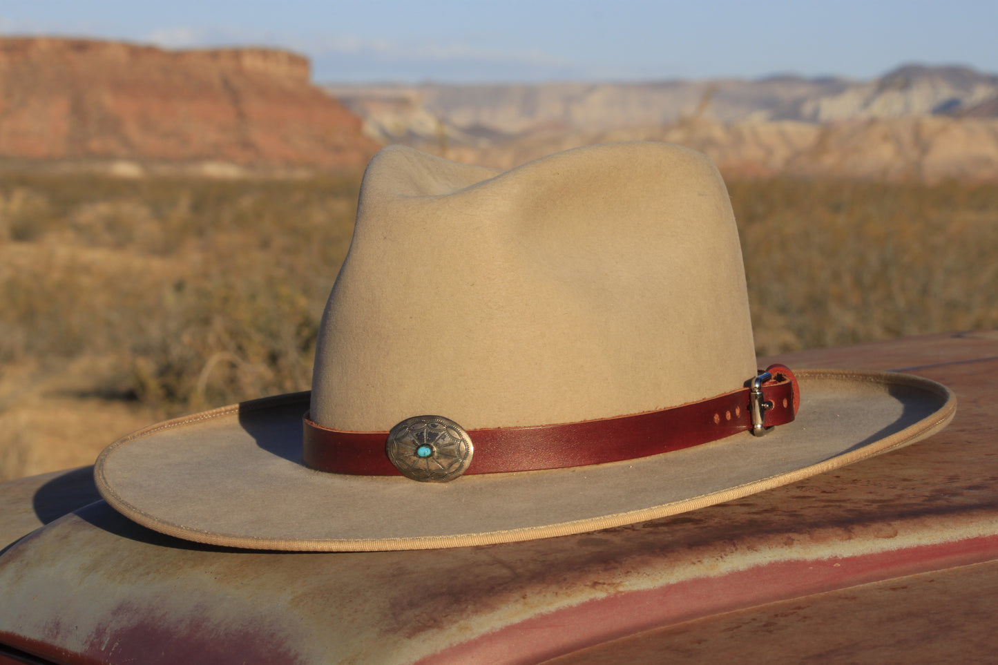 Leather Hat Band with Navajo Sterling Silver & Turquoise Concho