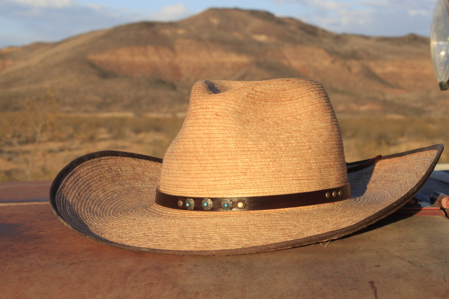 Leather Hat Band with Vintage Silver & Turquoise Conchos