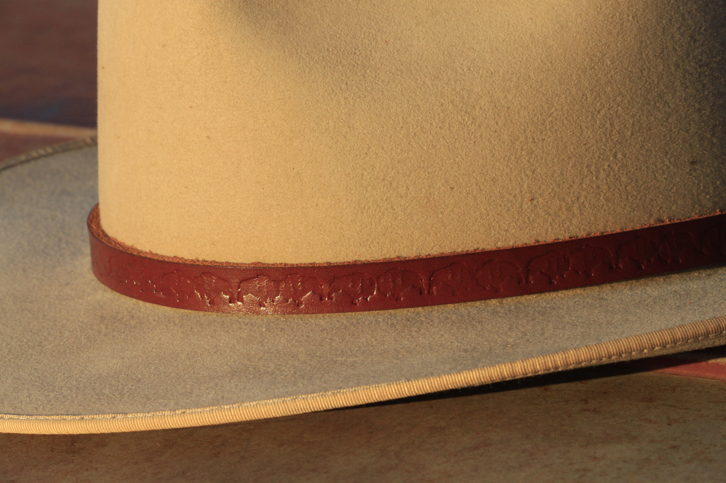 Buffalo Stamped Leather Hat Band with Sterling Silver & Turquoise Concho Slide