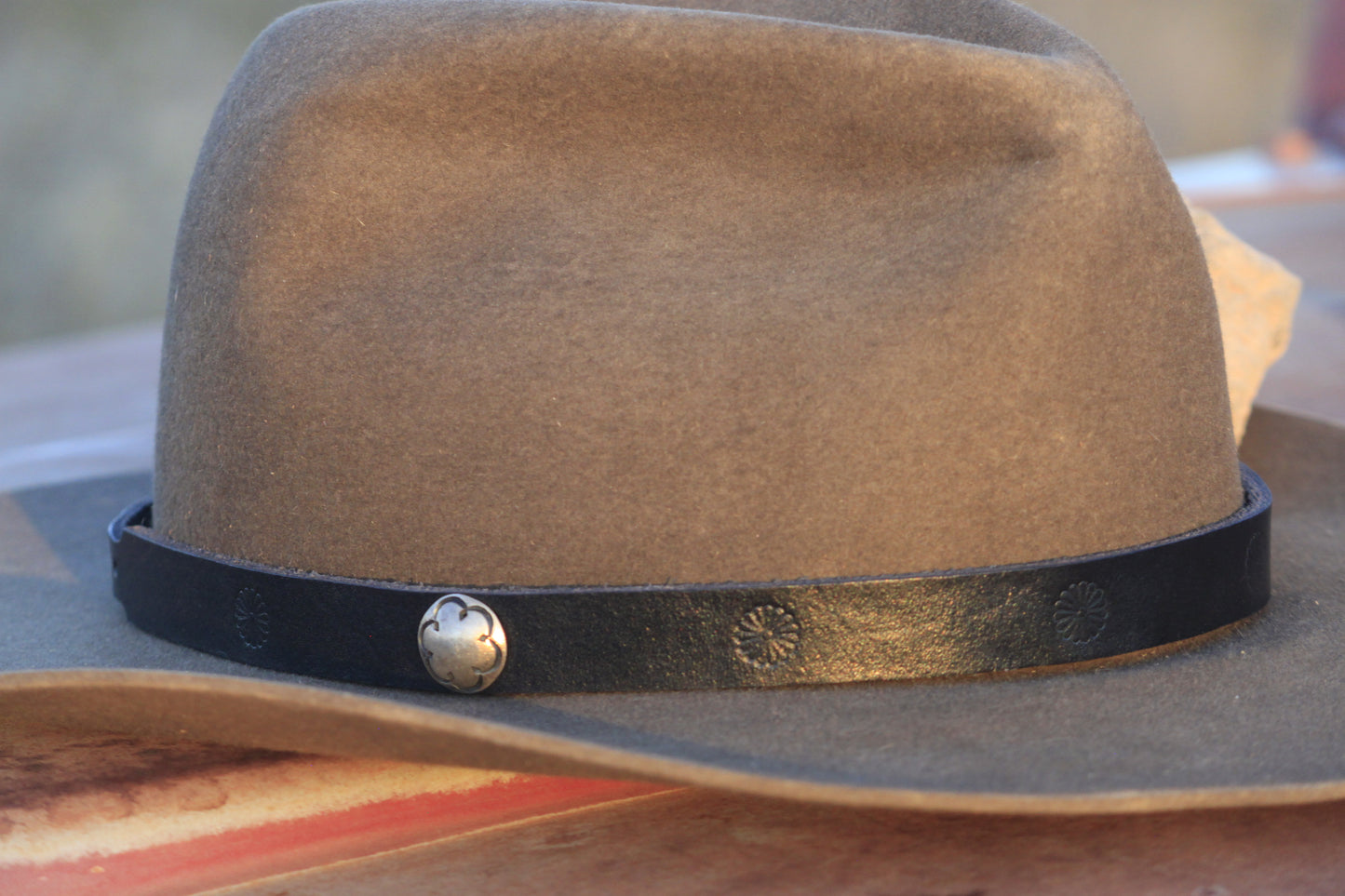 Flower Stamped Leather Hat Band with Sterling Silver Button