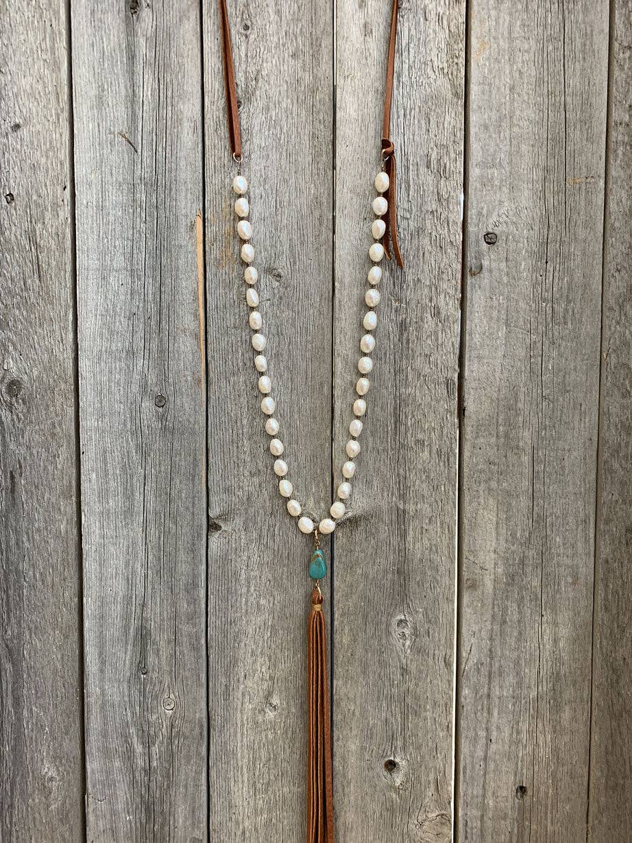 Freshwater Pearl, Turquoise, & Leather Tassel