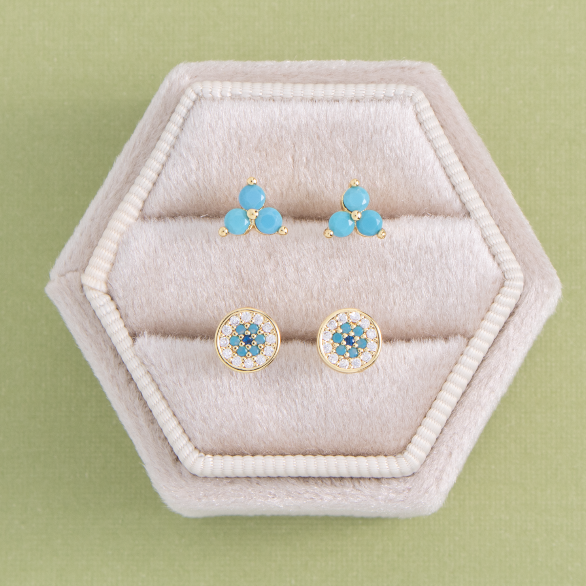 Light Blue Triple Cluster Studs on Velvet Tag