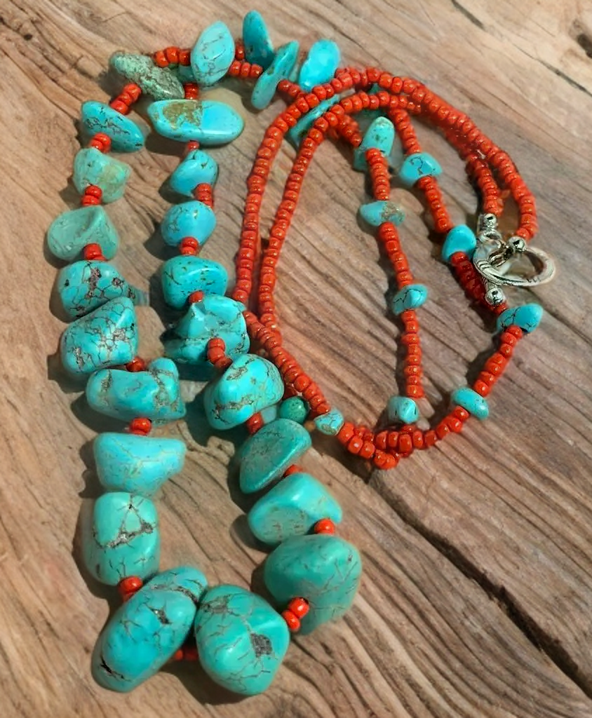 Navajo Made Turquoise & Red Seed Bead Necklace