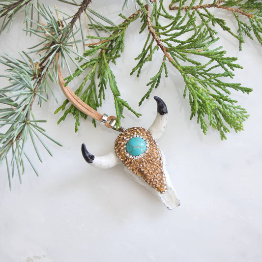 Turquoise, Pave Crystals Skull and Suede Christmas Ornaments