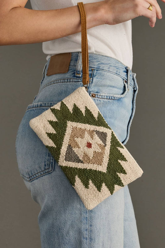 Cream, Green & Tan Western Wristlet