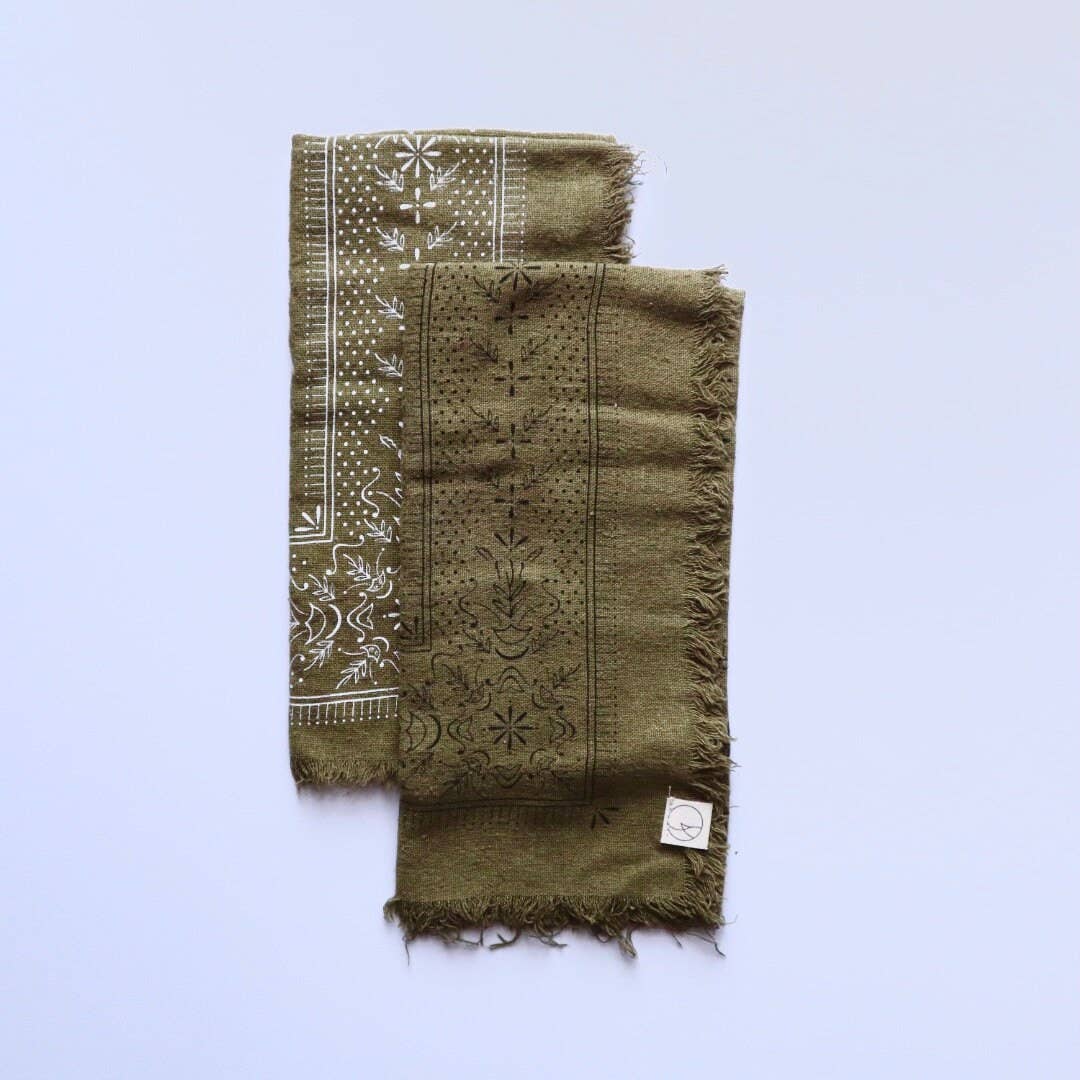 Olive Green Classic print Naturally Dyed Bandana (White ink)