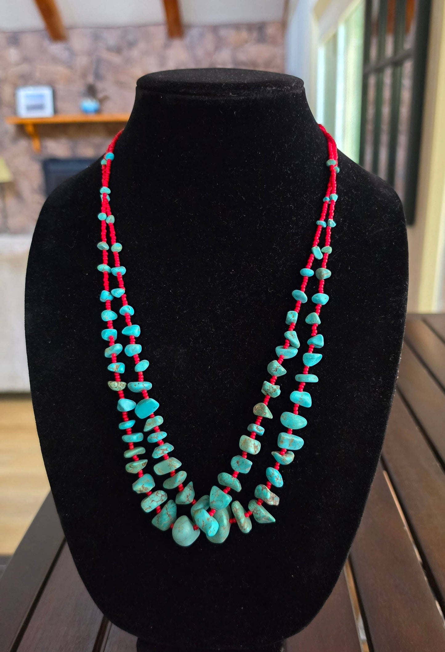Double Strand Turquoise & Red Seed Bead Necklace