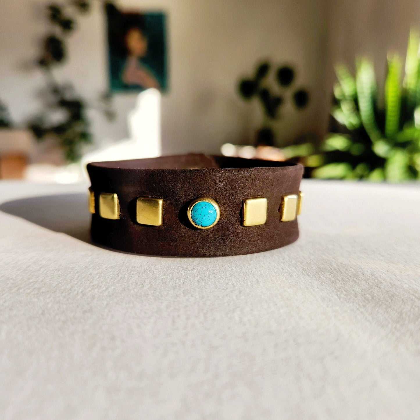 Chocolate Turquoise Square Leather Cuff Bracelet