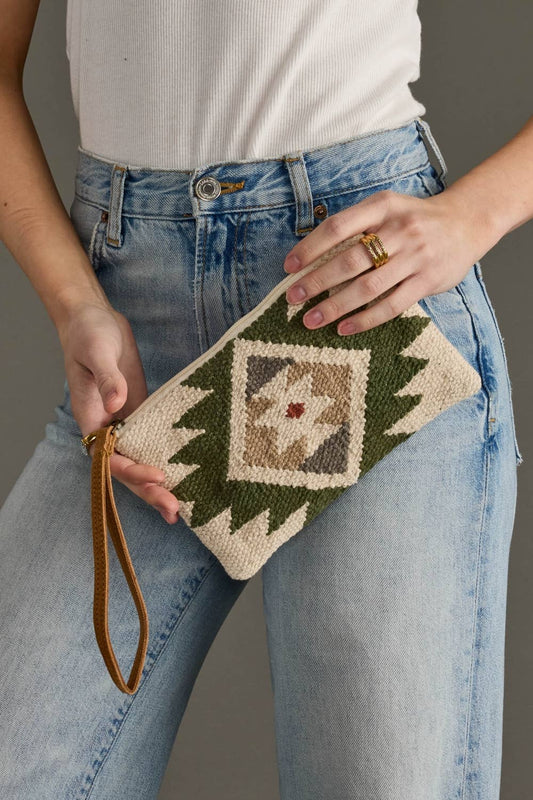 Cream, Green & Tan Western Wristlet