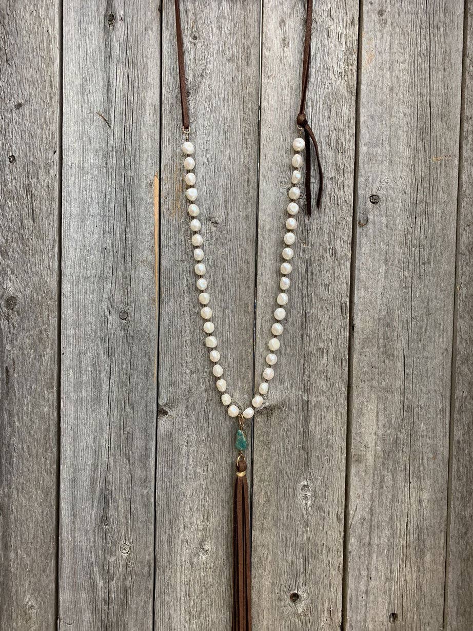 Freshwater Pearl, Turquoise, & Leather Tassel