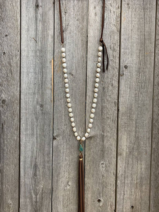 Freshwater Pearl, Turquoise, & Leather Tassel