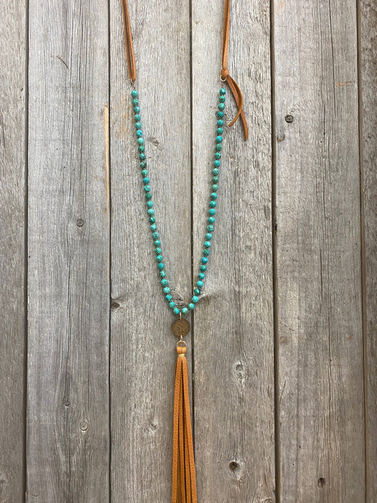 Faceted Turquoise w/Nickel & Leather Tassel